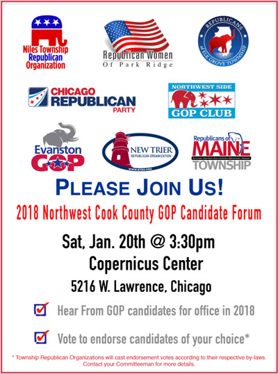 Northwest Cook County 2018 GOP Primary Candidate Forum, Cook County GOP forum, Candidates Forum Chicago, Republicans of Maine Township, Northwest Side GOP Club, Niles Township, New Trier Township, Evanston Township, Elk Grove Township, 2018 Gubernatorial Primary Candidate Forum, Copernicus Center, Chicago GOP forum