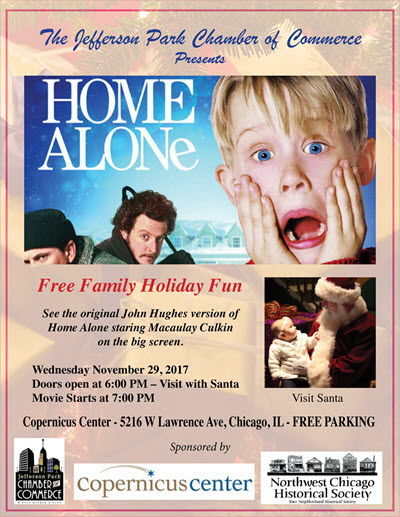 Home Alone, free movie night, Jefferson Park Chamber, Chicago family events, free family events, Copernicus Center, Northwest Chicago Historical Society, pictures with Santa, Chicago events