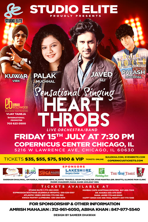 Live concert, Javed Ali, Palak Muchhal, Kuwar Wirk, Palash Muchhal, Chicago events, bollywood show, studio elite, Chicago, Copernicus Center, Indian events
